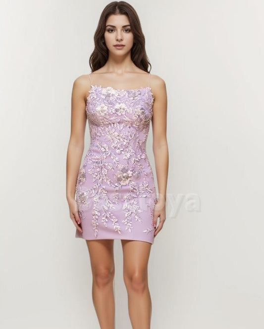 HM0028 Elegant Lilac Spaghetti Straps Bodycon Homecoming Dress with Applique
