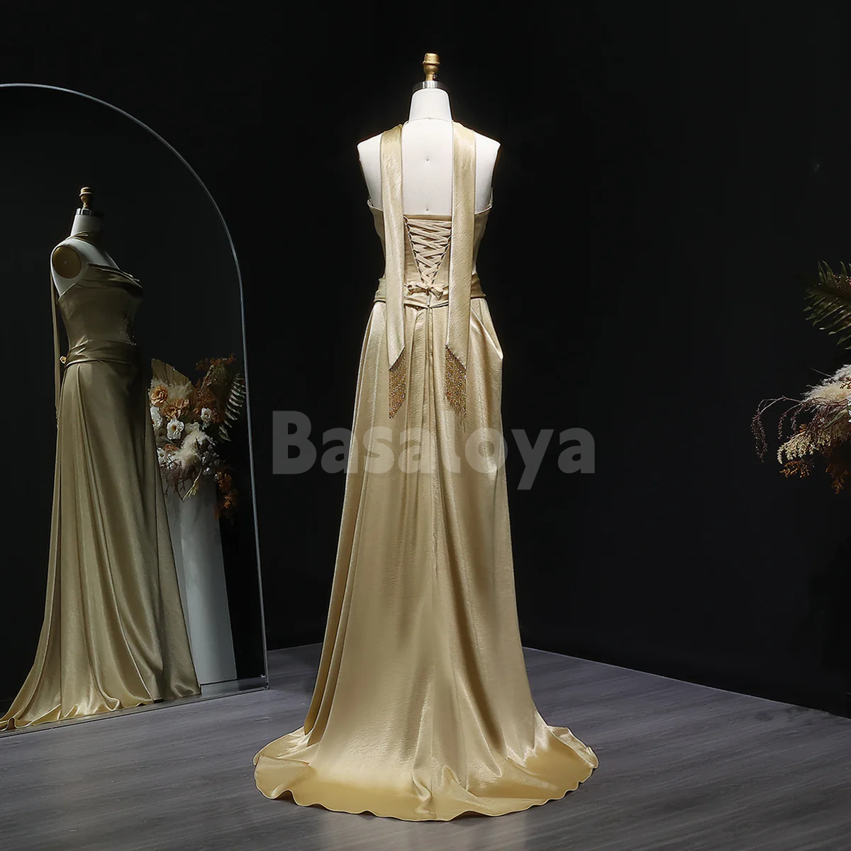 SP0288 Luxury Beaded Champagne Strapless Straight Prom Dress with Pleats