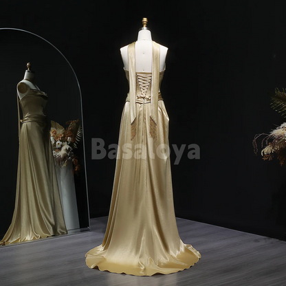 SP0288 Luxury Beaded Champagne Strapless Straight Prom Dress with Pleats