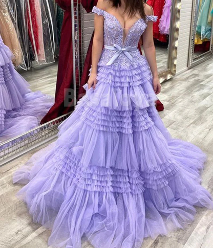 SP0149 Elegant Appliques Pink Off-Shoulder A-Line Tiered Prom Dress with Bow