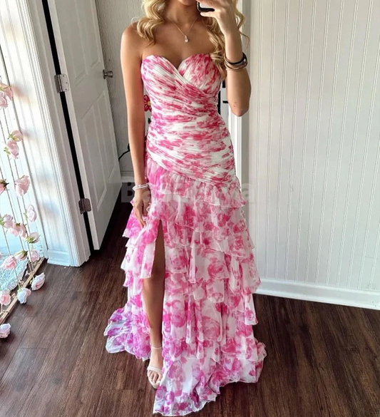 SP0142 Cute Yellow Sweetheart Mermaid Tiered Chiffon Prom Dress Party Gown