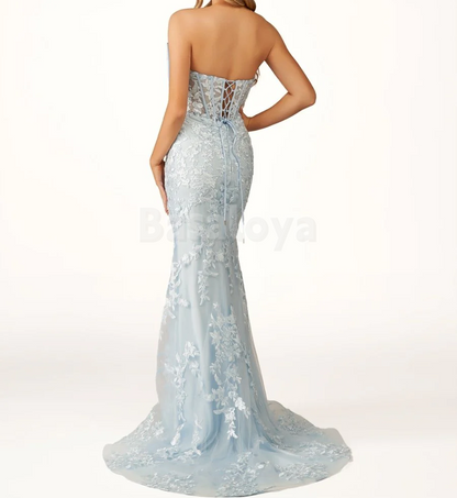 SP0177 Graceful Blue Strapless Mermaid Lace Appliques Prom Dress with Bow