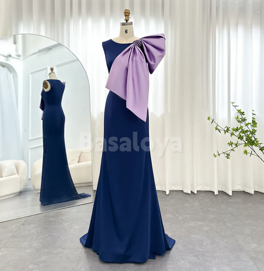 SP0290 Elegant Navy Blue Scoop Neck Sheath Prom Dress with Beaded Bow