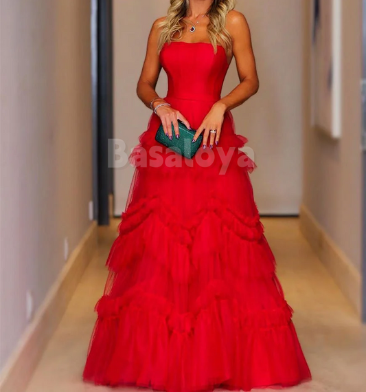 SP0156 Classic Red Tube Top A-Line Tiered Ball Gown Prom Dresses