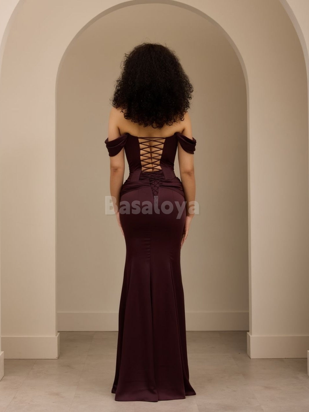 SP0052 Classic Cabernet Off Shoulder Mermaid Satin Formal Prom Dress