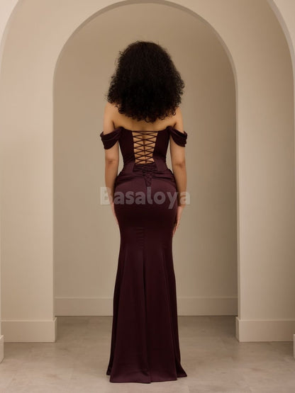 SP0052 Classic Cabernet Off Shoulder Mermaid Satin Formal Prom Dress