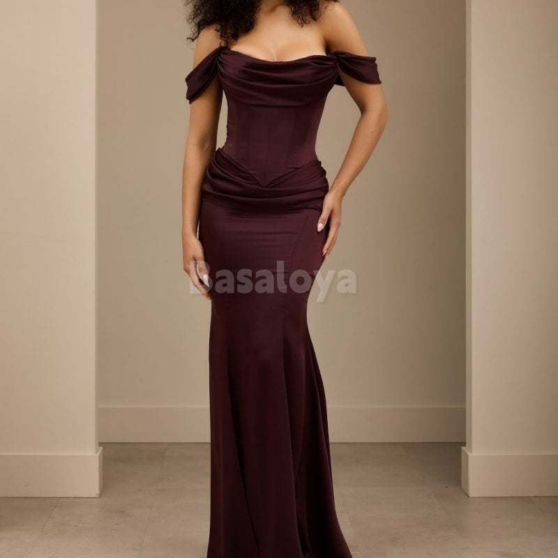 SP0052 Classic Cabernet Off Shoulder Mermaid Satin Formal Prom Dress