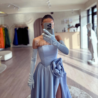 SP0001 Elegant 3D Floral Black Strapless A-Line Satin Prom Evening Dress with Slit