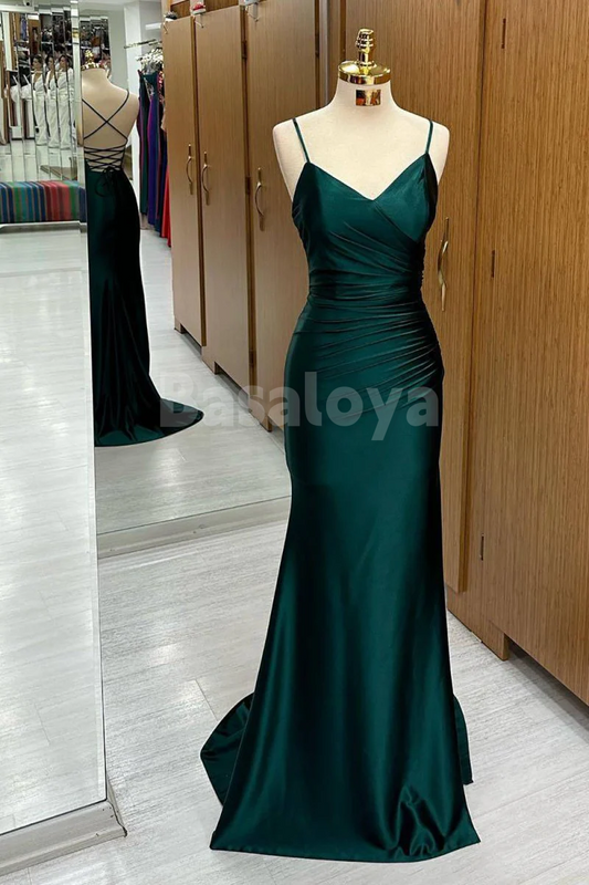 SP0174 Simple Green Spaghetti Straps V-Neck Sheath Prom Formal Gowns