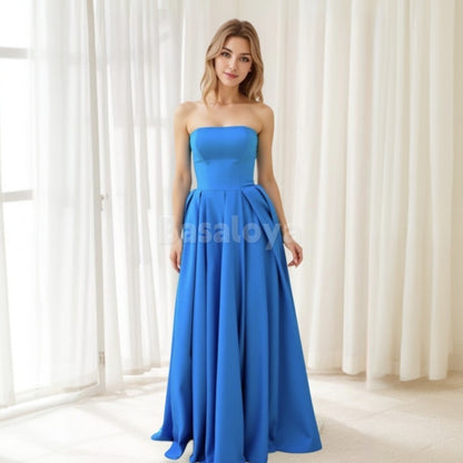 SP0071 Elegant Blue Tube Top A-Line Pleated Satin Prom Formal Dress