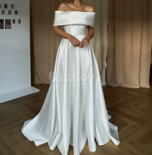 WD0152 Elegant White Off-Shoulder A-Line Pleated Satin Wedding Gowns