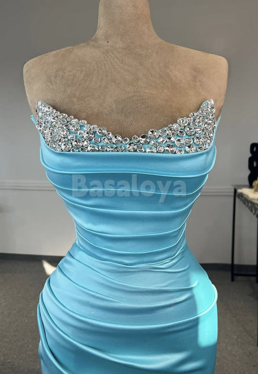 SP0107 Elegant Crystal Blue Tube Top Sheath Ruched Prom Party Dress with Slit