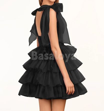 HM0135 Classic Black V-Neck A-Line Tiered Homecoming Gown with Bows