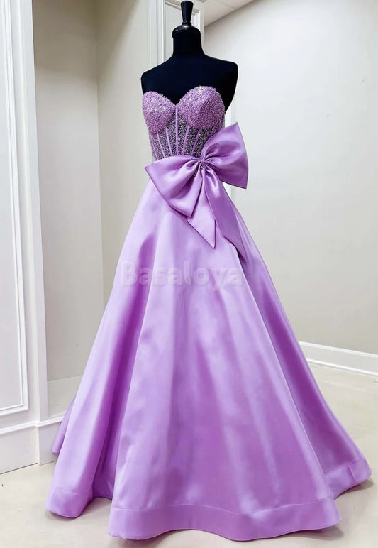 SP0091 Graceful Pearls Lilac A-Line Sweetheart Prom Dress with Bow