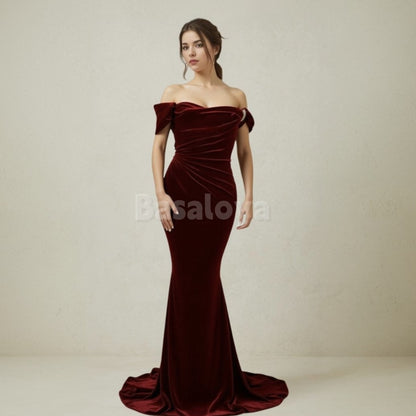 SP0068 Elegant Burgundy Off Shoulder Mermaid Prom Dress with Beads