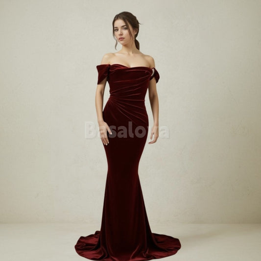 SP0068 Elegant Burgundy Off Shoulder Mermaid Prom Dress with Beads