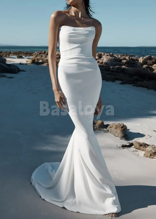 WD0077 Graceful White Strapless Bodycon Wedding Dress with Train Bridal Gown