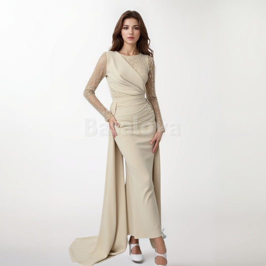ED0009 Elegant Pearls Beige Long Sleeves Sheath Satin Evening Dress with Overskirt