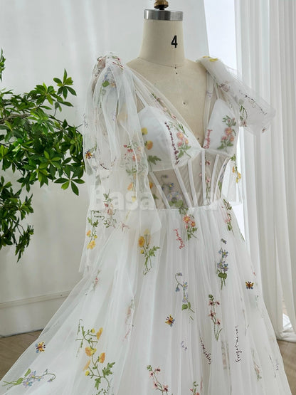 SP0335 Gorgeous Floral White V-Neck A-Line Pleats Prom Dress with Short Sleeves