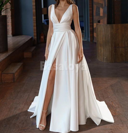 WD0187 Graceful V-Neck A-Line Pleats Satin Wedding Gown with Slit