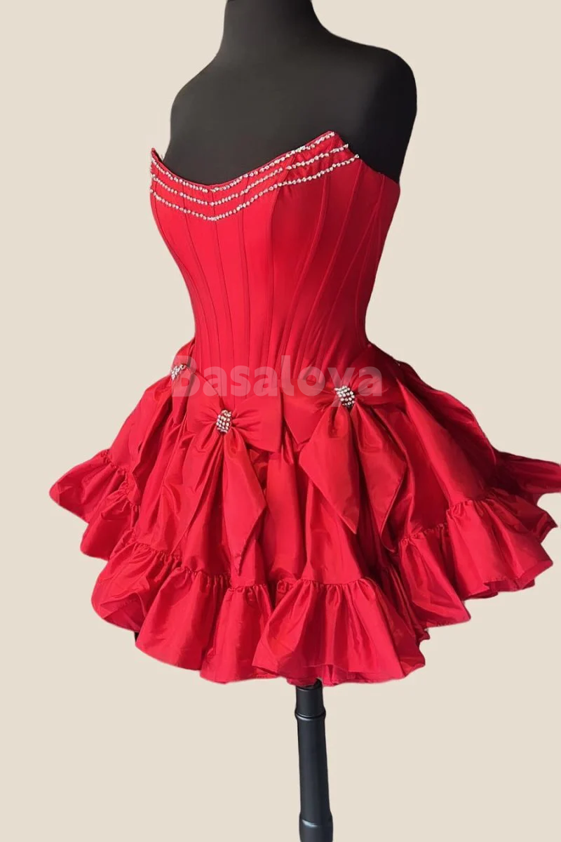 HM0004 Elegant Fuchsia Strapless A-Line Beaded Homecoming Gown with Bow