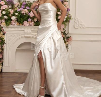 WD0034 Luxury Strapless A-Line Sweep Train Satin Wedding Dress with Pockets
