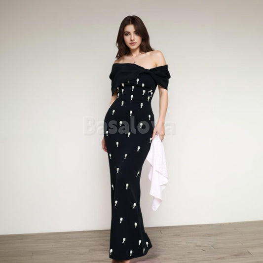 ED0011 Elegant Black Crystal Off-Shoulder Sheath Long Chiffon Evening Dress