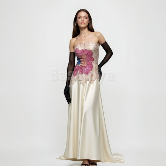 ED0034 Elegant Beaded Champagne Strapless A-Line Evening Dress