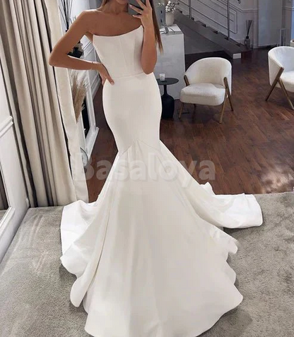 WD0054 Graceful White Strapless Mermaid Satin Wedding Dress with Train