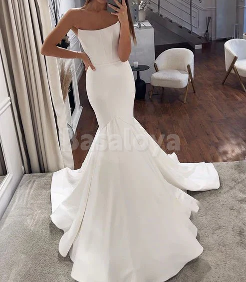 WD0054 Graceful White Strapless Mermaid Satin Wedding Dress with Train