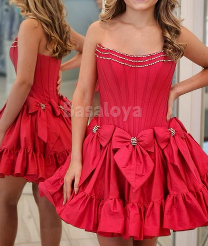 HM0004 Elegant Fuchsia Strapless A-Line Beaded Homecoming Gown with Bow