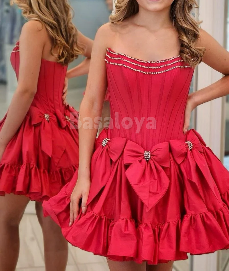 HM0004 Elegant Fuchsia Strapless A-Line Beaded Homecoming Gown with Bow