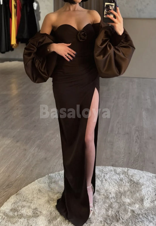 ED0095 Classic Brown 3D Floral Sweetheart Puff Sleeve Evening Gown with Slit