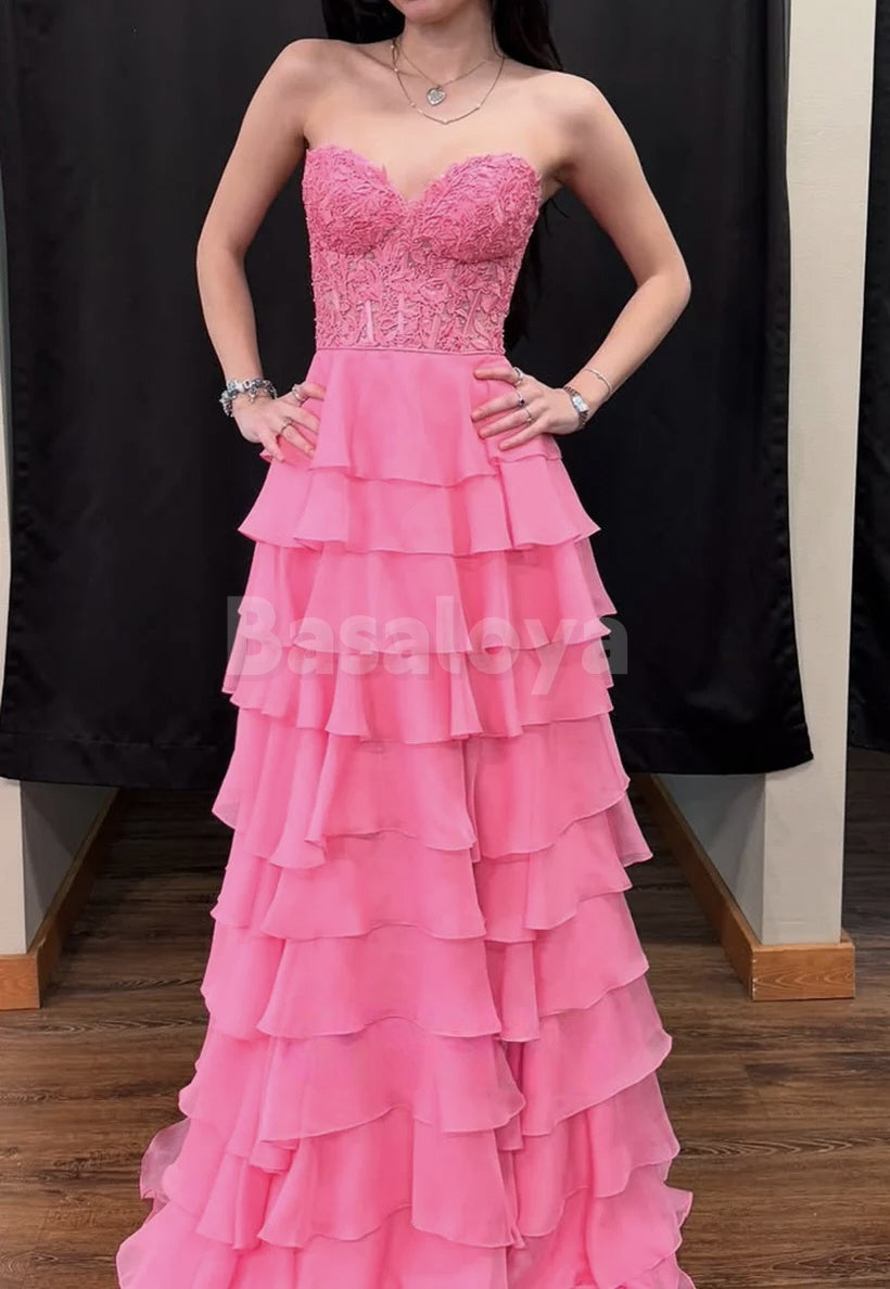 SP0102 Graceful Pink Sweetheart A-Line Tiered Prom Dress with Appliques