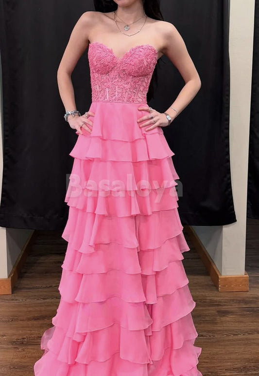 SP0102 Graceful Pink Sweetheart A-Line Tiered Prom Dress with Appliques