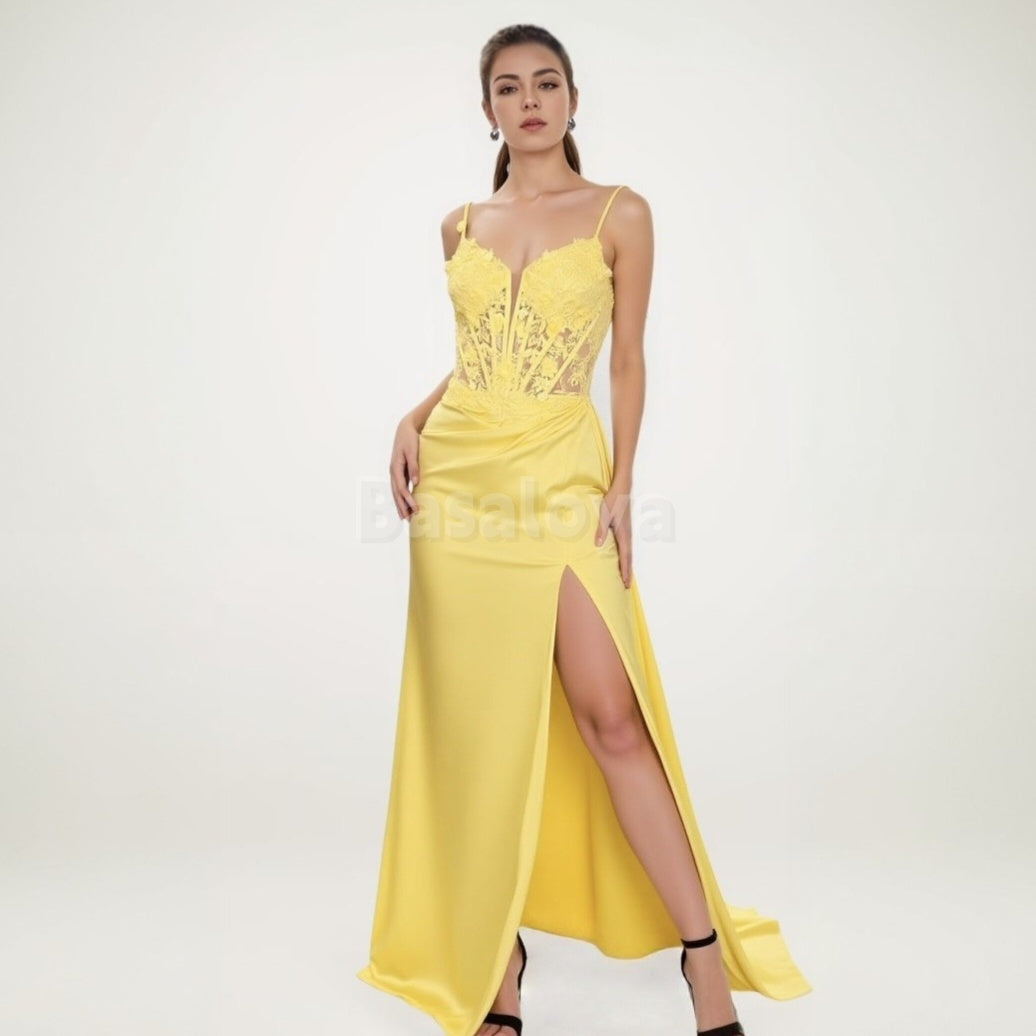 SP0031 Elegant Yellow Spaghetti Straps Sheath Prom Dress with Appliques