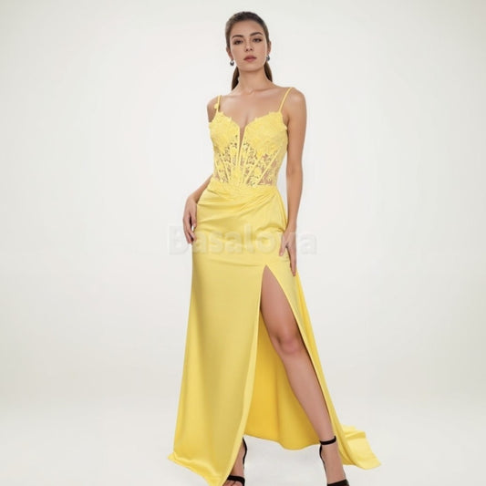 SP0031 Elegant Yellow Spaghetti Straps Sheath Prom Dress with Appliques