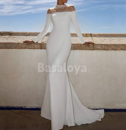 WD0109 Luxury Beaded White High Neck Long Sleeves Mermaid Wedding Gown