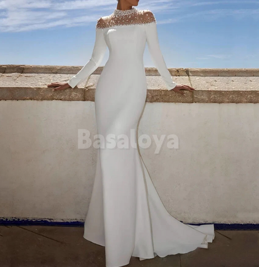 WD0109 Luxury Beaded White High Neck Long Sleeves Mermaid Wedding Gown