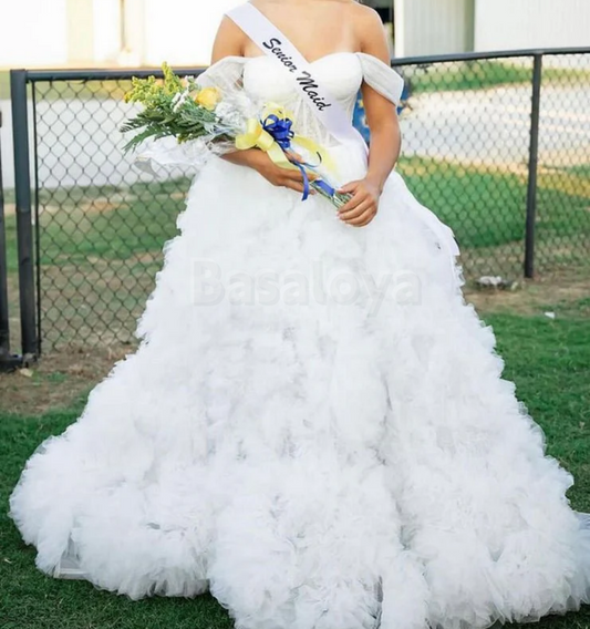 SP0193 Glamorous White Off-Shoulder A-Line Tiered Ball Gown Prom Dress