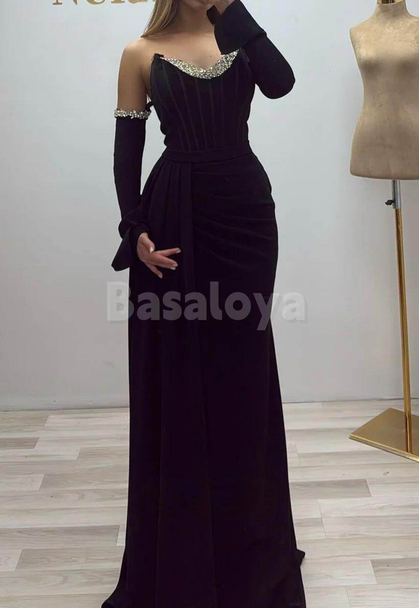 ED0072 Luxury Crystal Burgundy Half Sleeves Evening Dress with Train