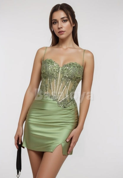 HM0009 Elegant Sage Bodycon Mini Homecoming Dresses with Lace Appliques