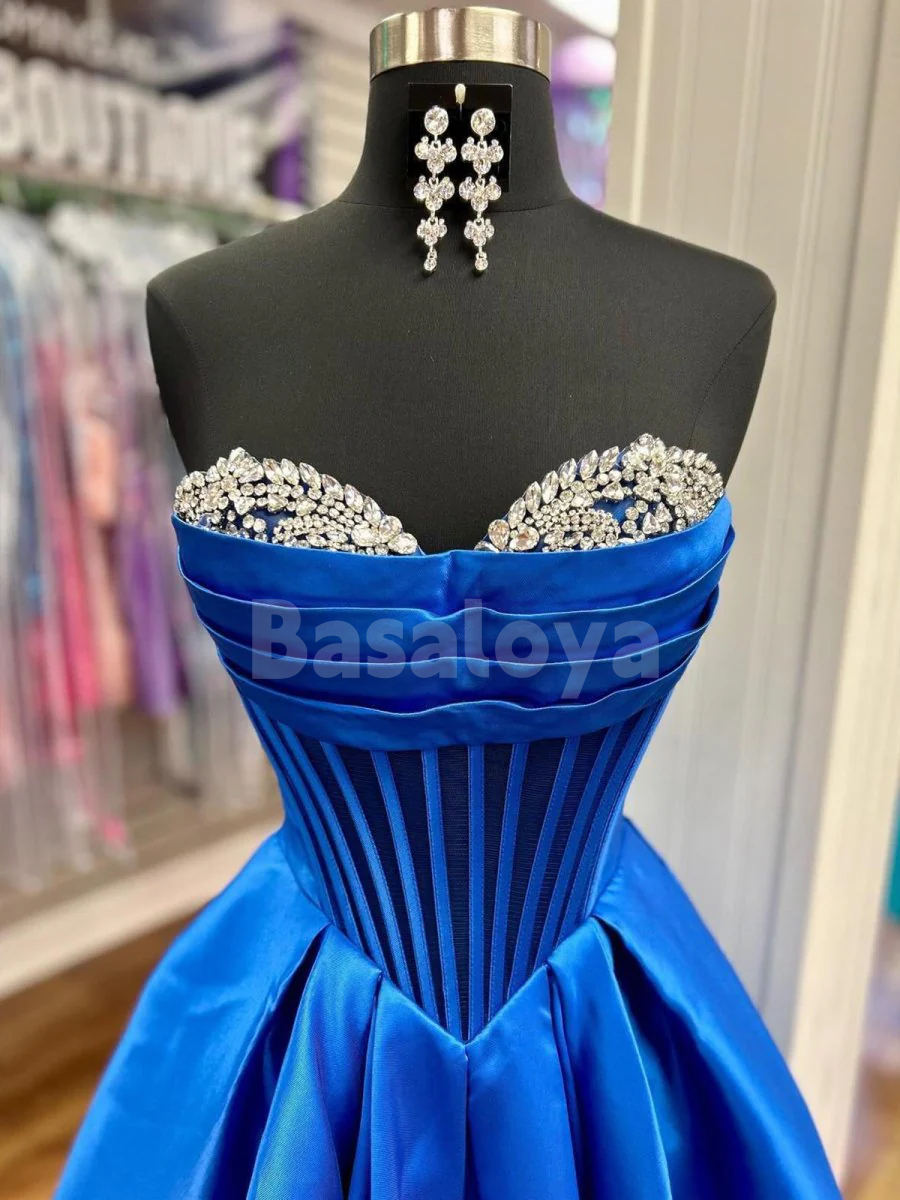 SP0221 Elegant Royal Blue A-Line Sweetheart Satin Prom Dress with Beads