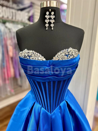 SP0221 Elegant Royal Blue A-Line Sweetheart Satin Prom Dress with Beads