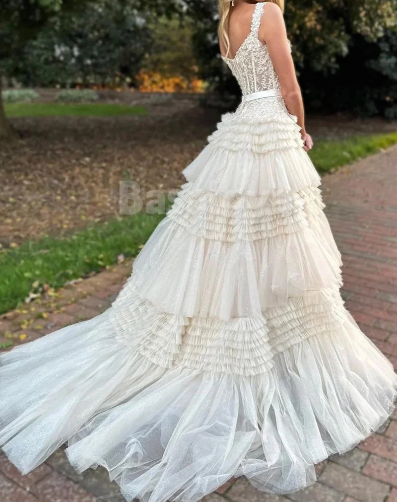 SP0149 Elegant Appliques Pink Off-Shoulder A-Line Tiered Prom Dress with Bow