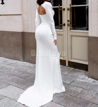 WD0157 Elegant White Long Sleeves Sheath Satin Wedding Dress Bridal Gown