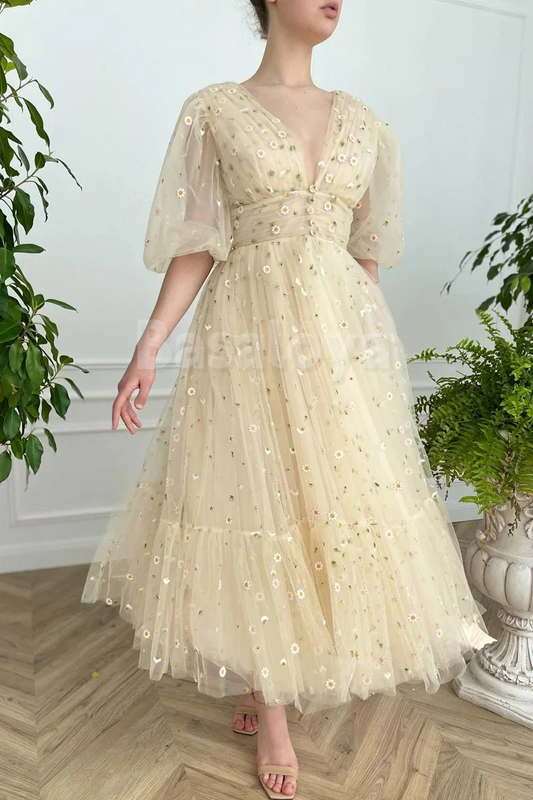 SP0200 Gorgeous Champagne A-Line V-Neck Half Sleeves Prom Dress