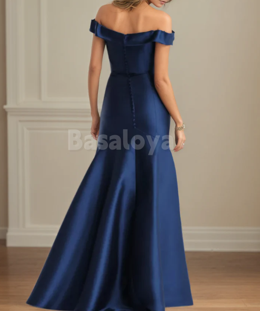MG0001 Elegant Navy Blue Off-Shoulder Mermaid Satin Mother of Bridal Gown