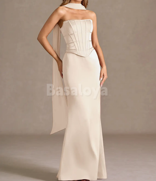 SP0275 Graceful Beige Strapless Sheath Long Satin Prom Formal Gowns