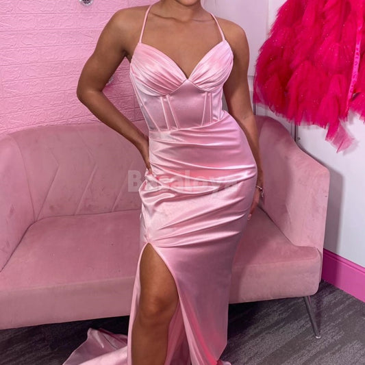 SP0029 Classic Pink Sweetheart Sheath Satin Prom Formal Gown with Slit
